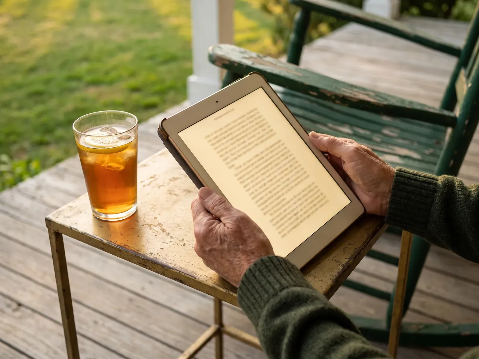 Ebook reader on a porch table with a glass of iced tea